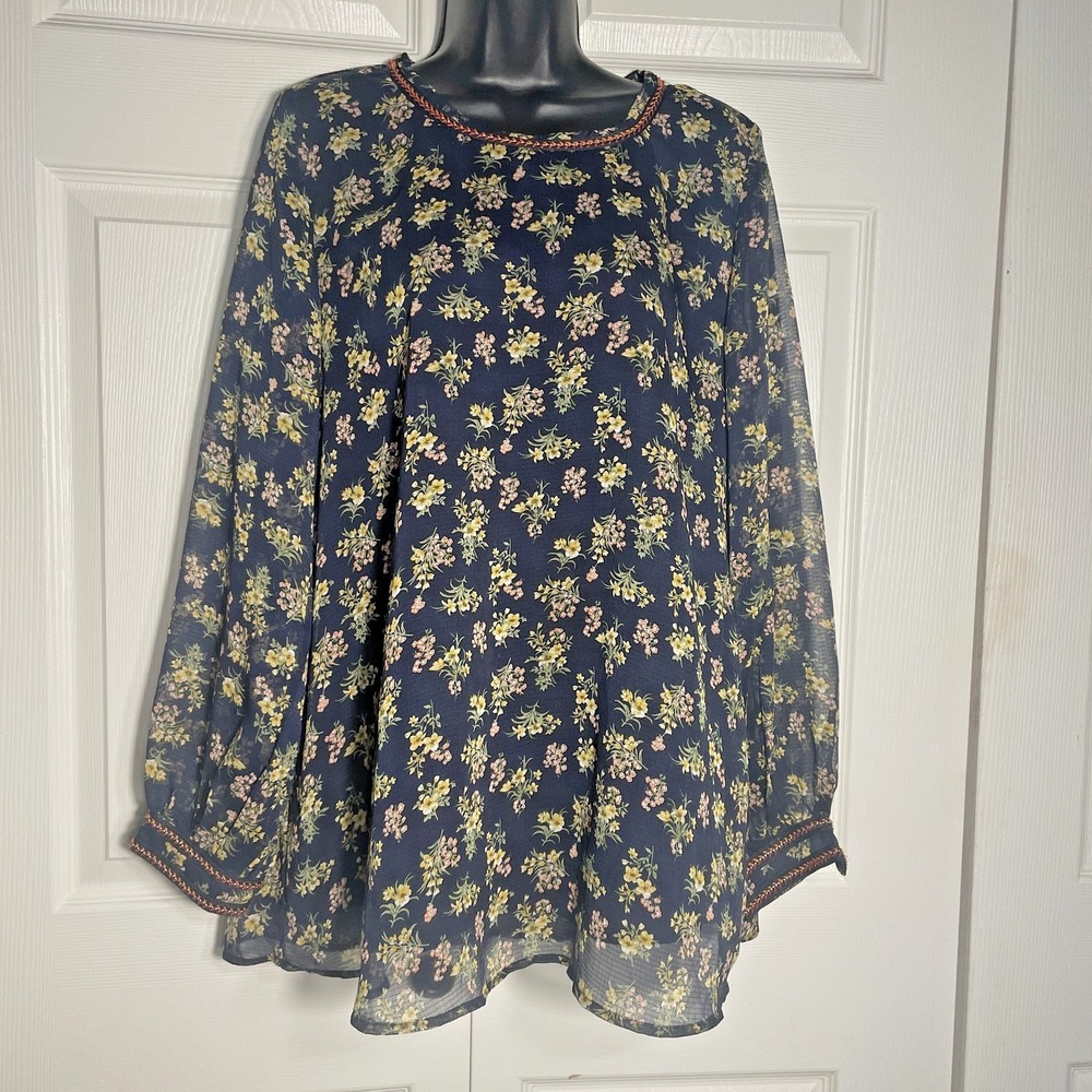 Suzanne Betro Floral Sheer Shirt Women XL Navy Blue Long Sleeve  Whimsigoth Top‎